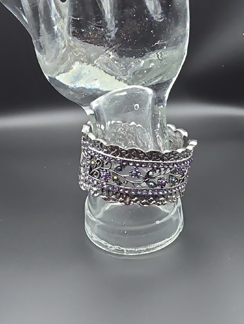 Silver-Tone Purple Crystal Filigree Wide Cuff Bracelet